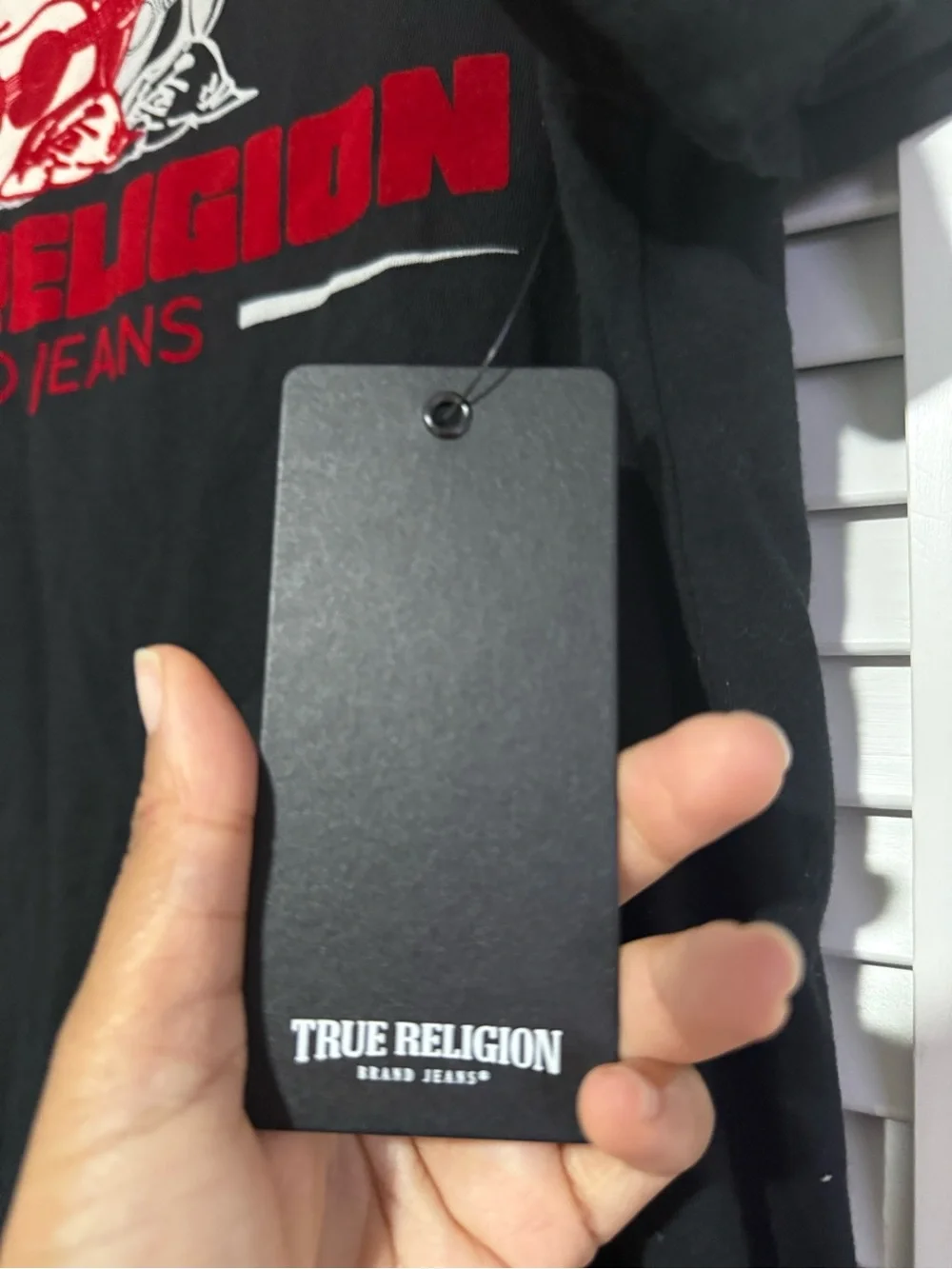 True Religion Black Short-Sleeve Tee with Red & White Logo